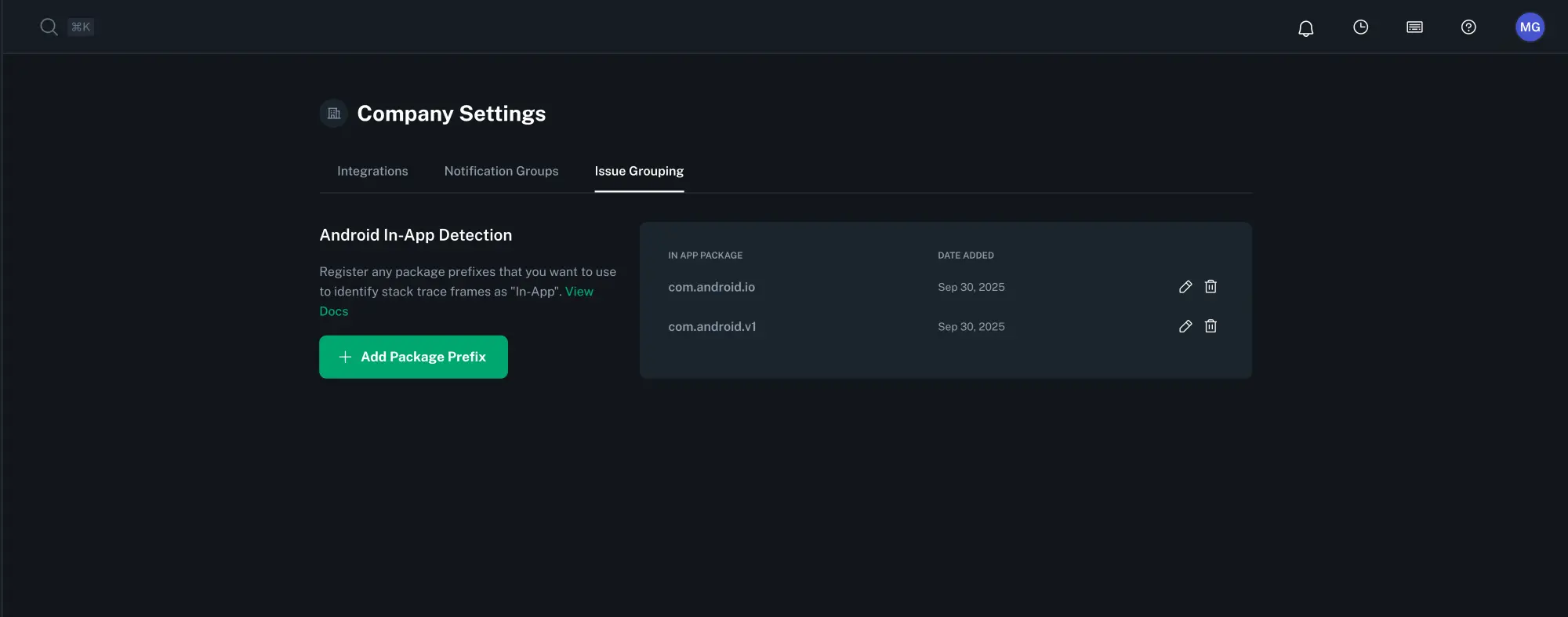 Company settings showing package prefix input for Android apps