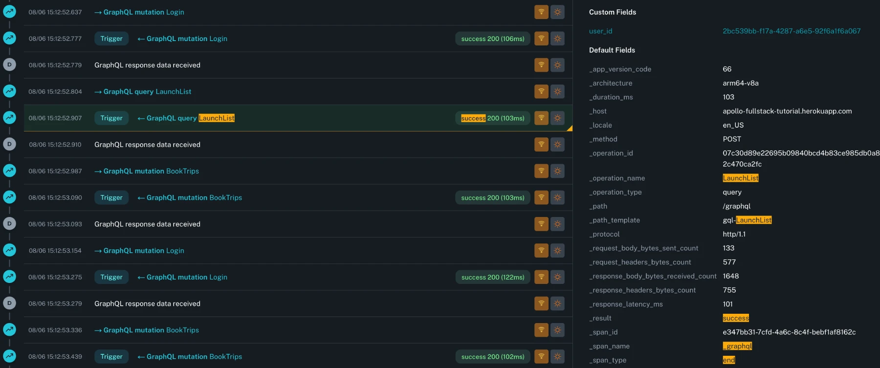 example of timeline search results with highlighting
