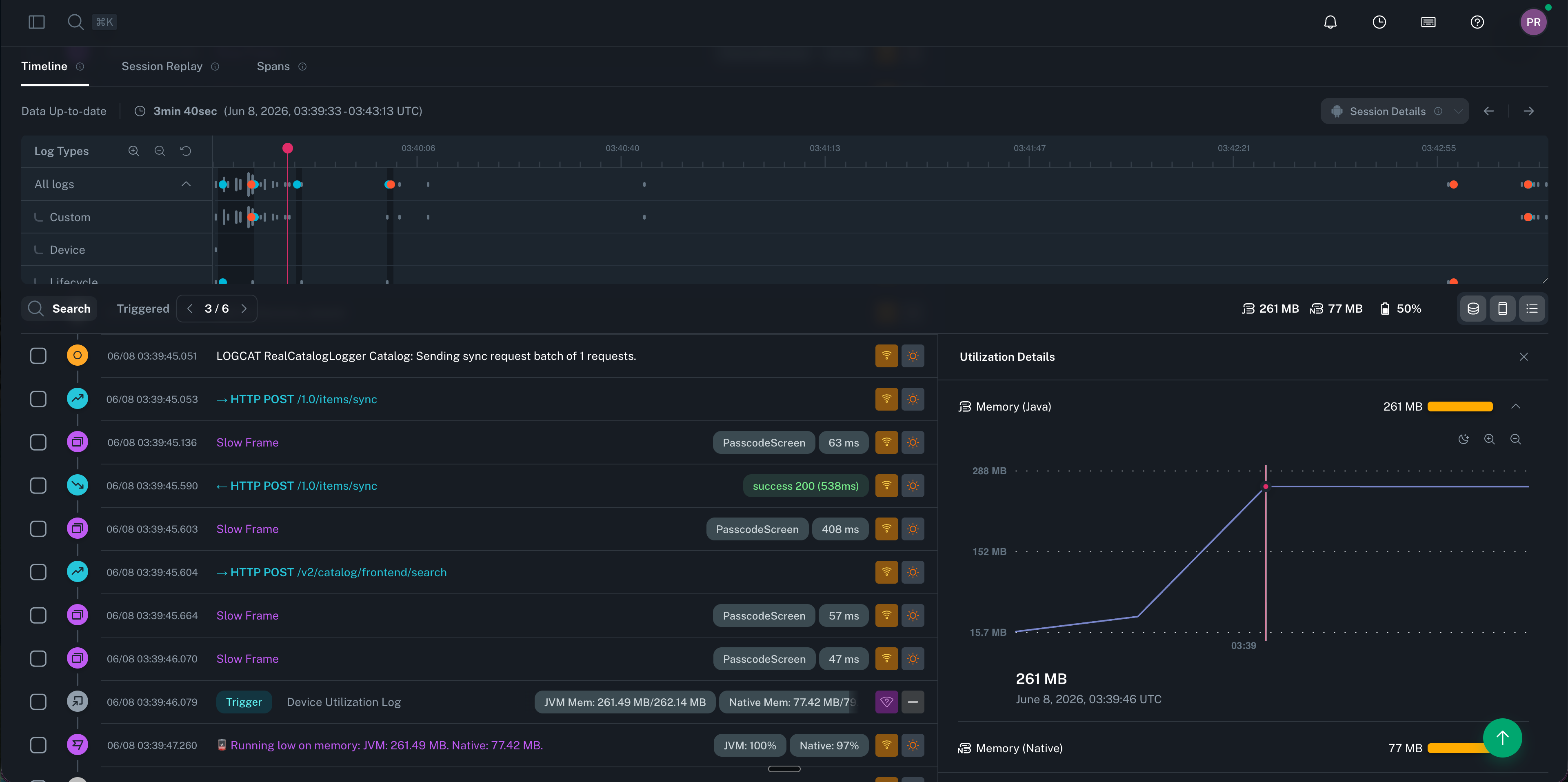 A bitdrift session timeline showing the root cause of an out-of-memory error