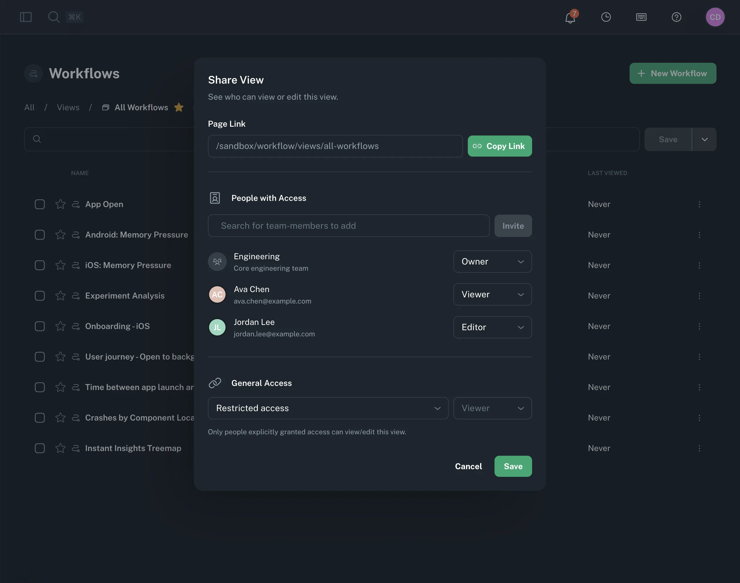 Access-control dialog with Owner, Editor, and Viewer roles